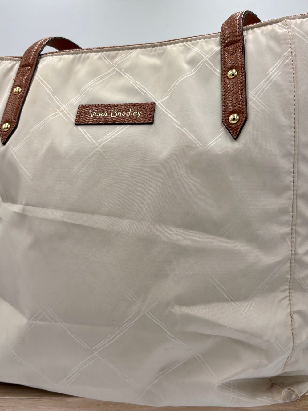 Vera Bradley Cream Tote with Brown Trim and Straps